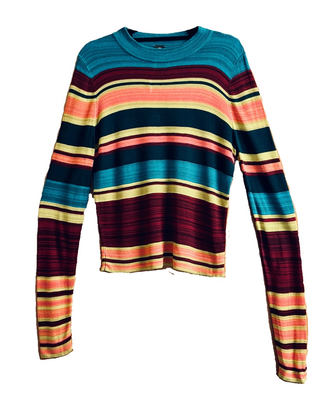 Free People Burgundy, Lime & Coral Striped Knit Sweater